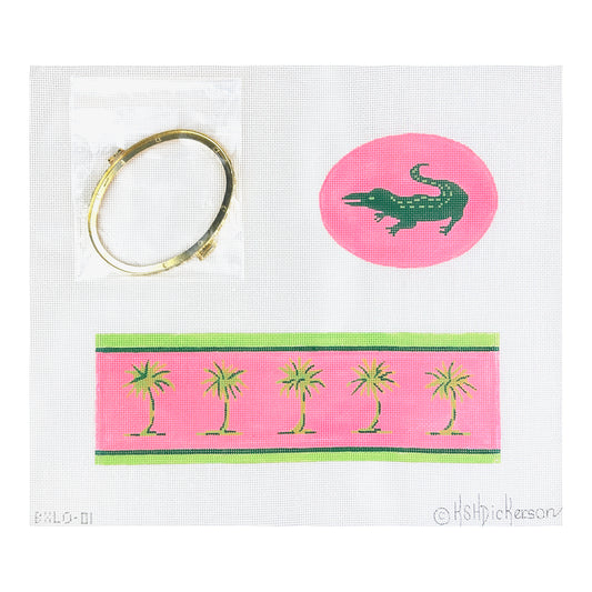 Kate Dickerson Needlepoint Collections Limoges Box Large Oval Green Gator & Palms on Hot Pink Gold Clasp Needlepoint Canvas