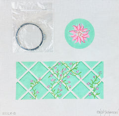 Kate Dickerson Needlepoint Collections Limoges Box - XL Round Garden Trellis & Dahlia - Pinks, Greens & Caribbean (Silver Clasp) Needlepoint Canvas