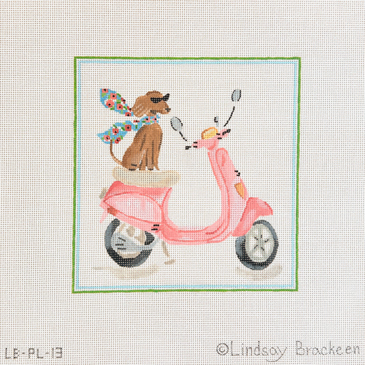 Kate Dickerson Needlepoint Collections Lindsay Brackeen Chic Pup on a Pink Vespa