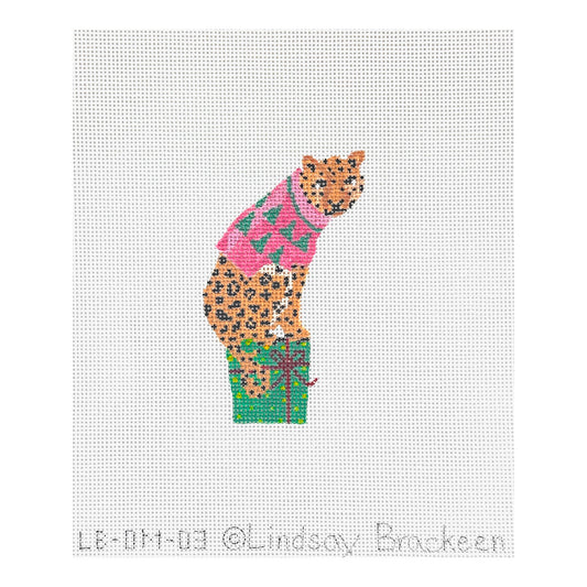 Kate Dickerson Needlepoint Collections Lindsay Brackeen Party Animal Cheetah with Gift and Pink Sweater Needlepoint Canvas - Small