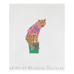 Kate Dickerson Needlepoint Collections Lindsay Brackeen Party Animal Cheetah with Gift and Pink Sweater Needlepoint Canvas - Small