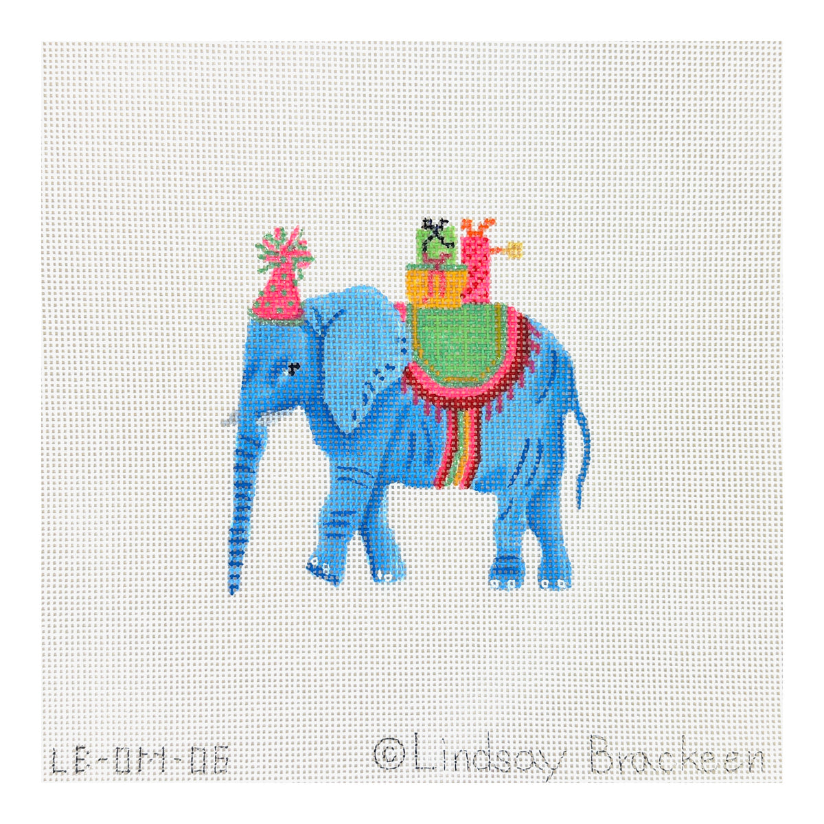 Kate Dickerson Needlepoint Collections Lindsay Brackeen Party Animal Elephant with Gifts & Pink Party Hat Needlepoint Canvas - Small