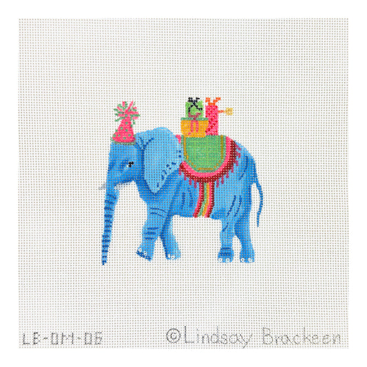 Kate Dickerson Needlepoint Collections Lindsay Brackeen Party Animal Elephant with Gifts & Pink Party Hat Needlepoint Canvas - Small