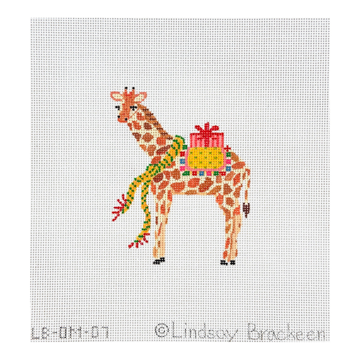 Kate Dickerson Needlepoint Collections Lindsay Brackeen Party Animal Giraffe with Gift and Yellow Scarf Needlepoint Canvas