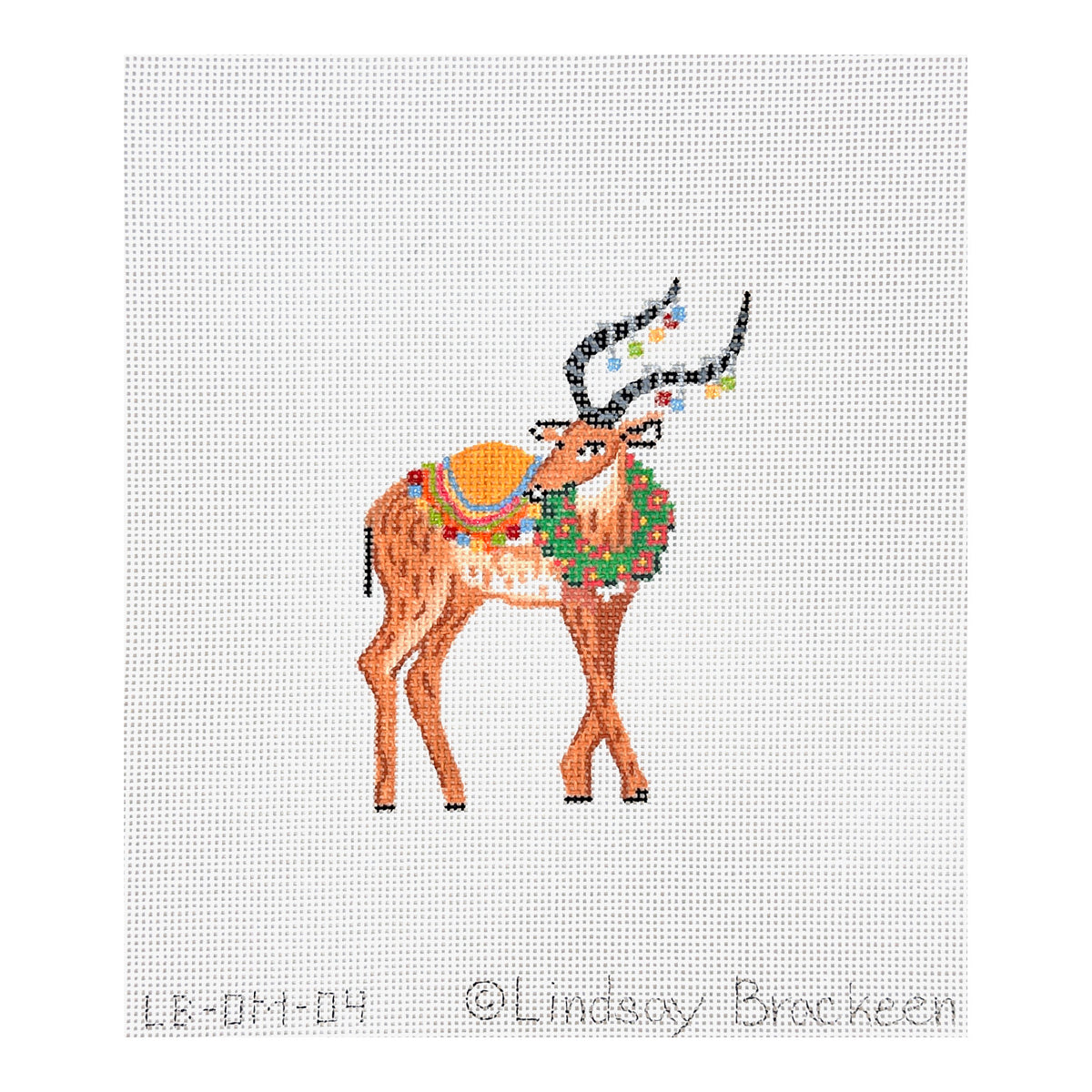 Kate Dickerson Needlepoint Collections Lindsay Brackeen Party Animal Impala with Floral Wreath and Pompoms Needlepoint Canvas
