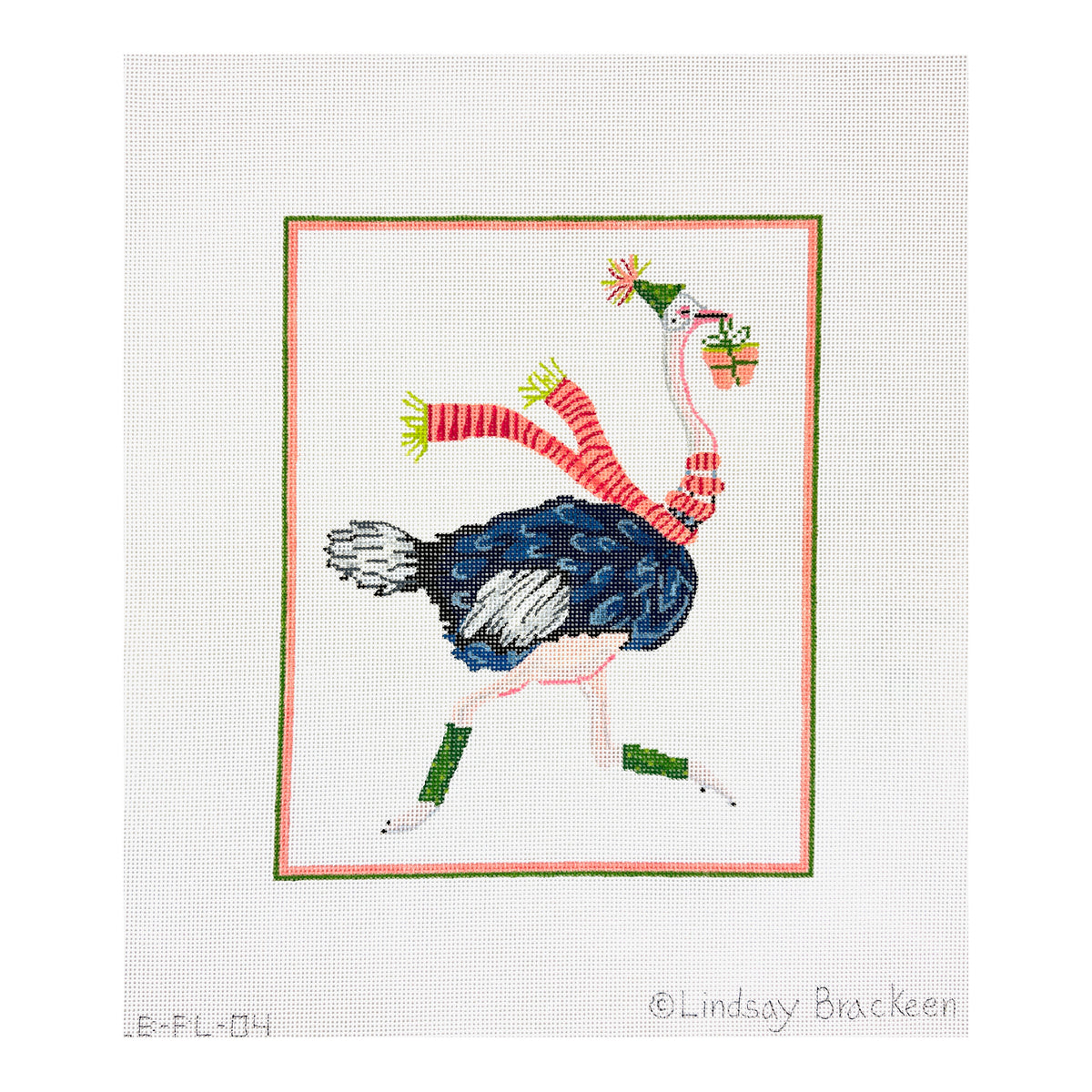 Kate Dickerson Needlepoint Collections Lindsay Brackeen - Party Animal Ostrich with Party Hat, Gift And Striped Scarf Needlepoint Canvas