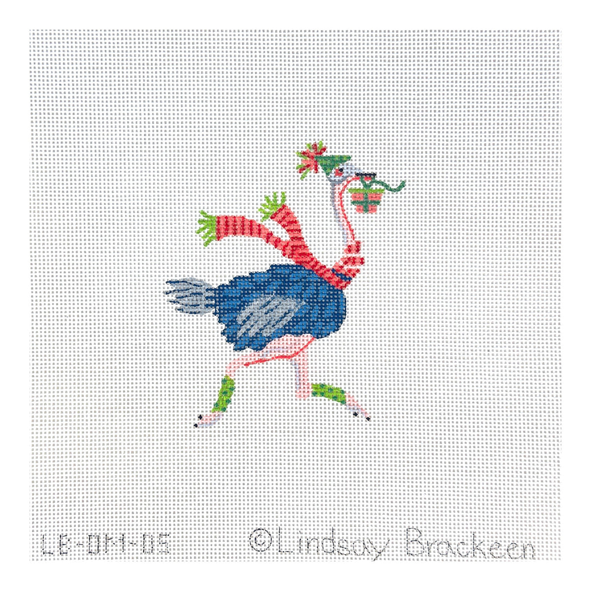 Kate Dickerson Needlepoint Collections Lindsay Brackeen Party Animal Ostrich with Party Hat, Gift and Striped Scarf Needlepoint Canvas - Small
