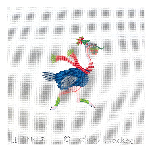 Kate Dickerson Needlepoint Collections Lindsay Brackeen Party Animal Ostrich with Party Hat, Gift and Striped Scarf Needlepoint Canvas - Small
