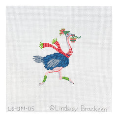 Kate Dickerson Needlepoint Collections Lindsay Brackeen Party Animal Ostrich with Party Hat, Gift and Striped Scarf Needlepoint Canvas - Small