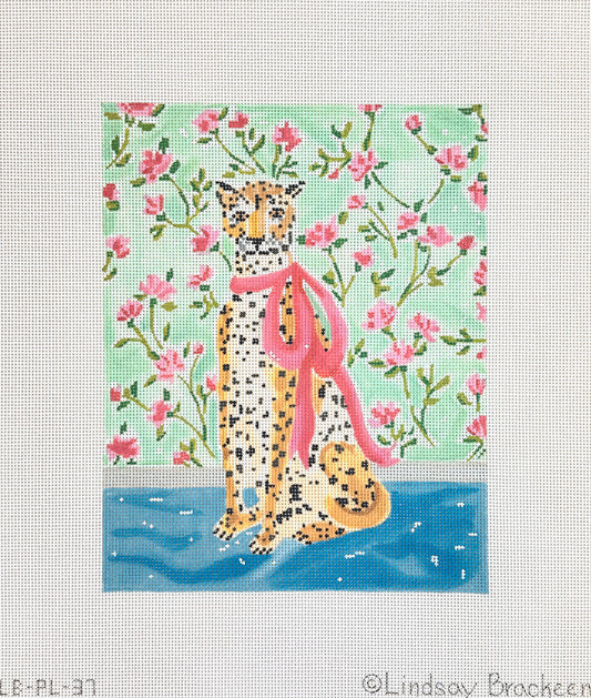 Kate Dickerson Needlepoint Collections Lindsay Brackeen Stately Leopard with Pink Bow and Floral Wallpaper