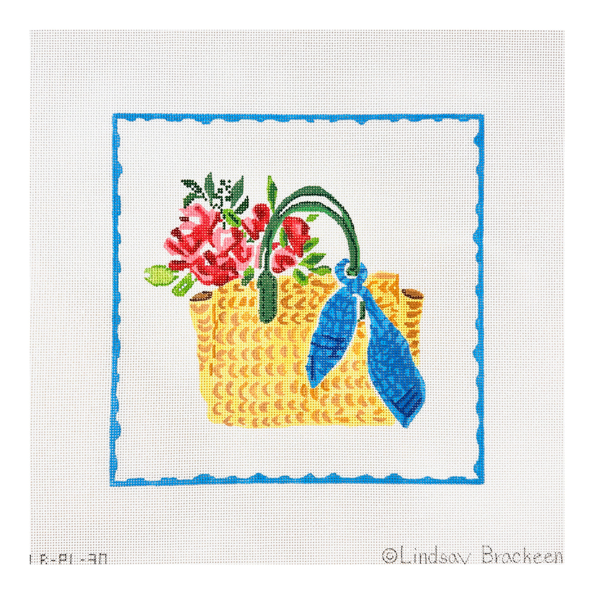 Kate Dickerson Needlepoint Collections Lindsay Brackeen Straw Bag with Blue Scarf and Flowers Needlepoint Canvas