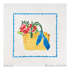 Kate Dickerson Needlepoint Collections Lindsay Brackeen Straw Bag with Blue Scarf and Flowers Needlepoint Canvas