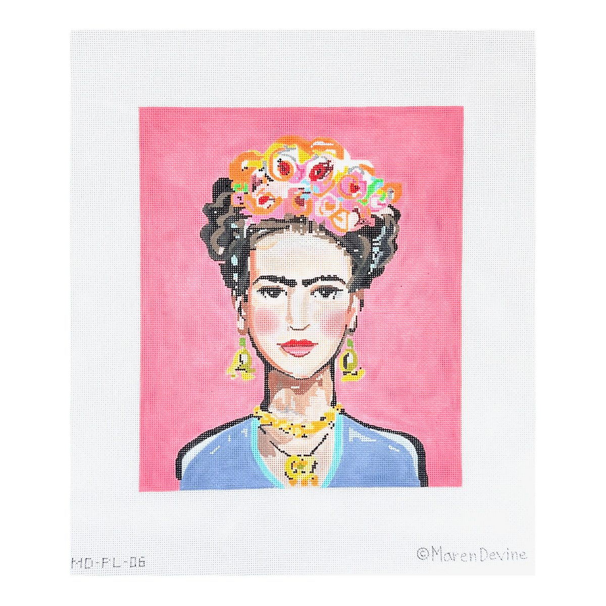 Kate Dickerson Needlepoint Collections Maren Devine Frida Kahlo on Hot Pink Needlepoint Canvas