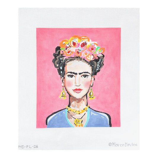 Kate Dickerson Needlepoint Collections Maren Devine Frida Kahlo on Hot Pink Needlepoint Canvas