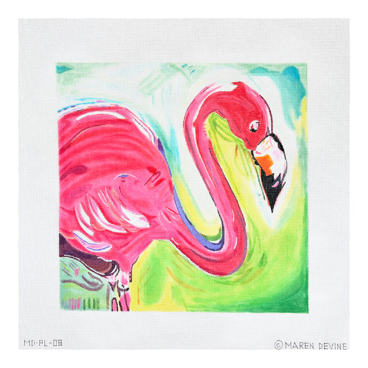 Kate Dickerson Needlepoint Collections Maren Devine Pink Flamingo on Blue & Lime Green Needlepoint Canvas
