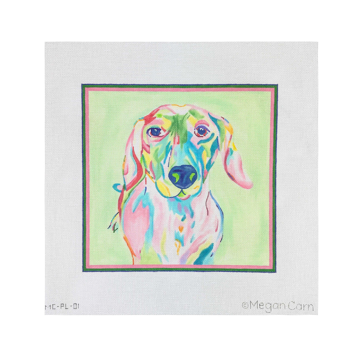 Kate Dickerson Needlepoint Collections Megan Carn Dachshund Pinks Blues And Greens on Light Green Needlepoint Canvas