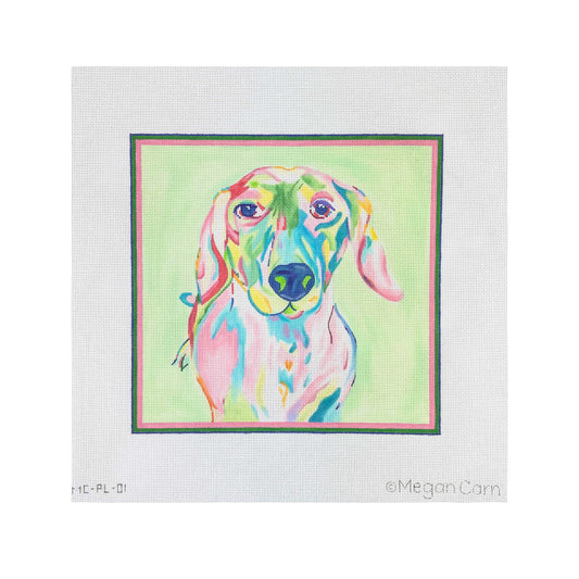Kate Dickerson Needlepoint Collections Megan Carn Dachshund Pinks Blues And Greens on Light Green Needlepoint Canvas