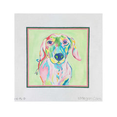 Kate Dickerson Needlepoint Collections Megan Carn Dachshund Pinks Blues And Greens on Light Green Needlepoint Canvas