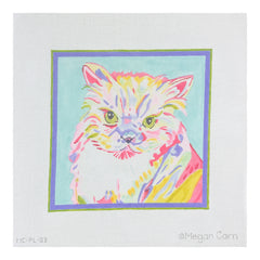 Kate Dickerson Needlepoint Collections Megan Carn Persian Cat Bright Pastels on Light Aqua Needlepoint Canvas