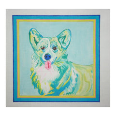 Kate Dickerson Needlepoint Collections Megan Carn Welsh Corgi Blues & Greens with Pink Needlepoint Canvas