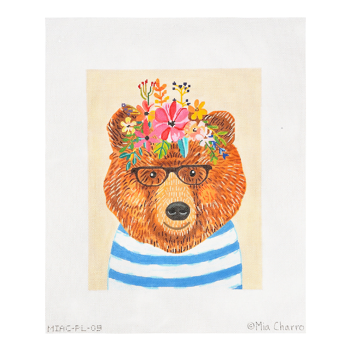 Kate Dickerson Needlepoint Collections Mia Charro Bear In Striped Shirt with Glasses on Creamy Yellow Needlepoint Canvas