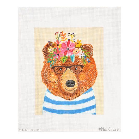 Kate Dickerson Needlepoint Collections Mia Charro Bear In Striped Shirt with Glasses on Creamy Yellow Needlepoint Canvas