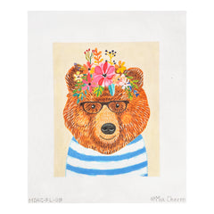 Kate Dickerson Needlepoint Collections Mia Charro Bear In Striped Shirt with Glasses on Creamy Yellow Needlepoint Canvas