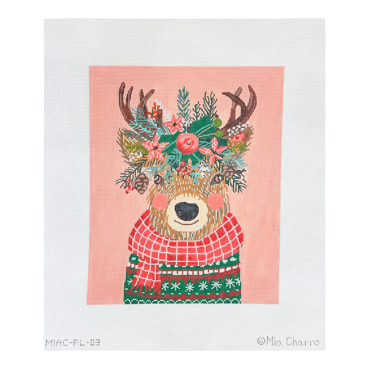 Kate Dickerson Needlepoint Collections Mia Charro Christmas Squad Deer On Light Coral Needlepoint Canvas