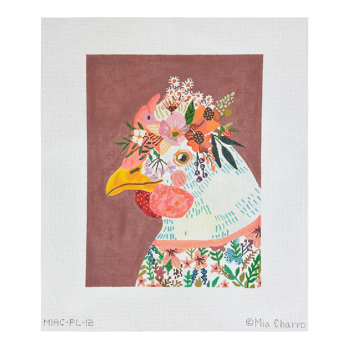 Kate Dickerson Needlepoint Collections Mia Charro Hen In Floral Dress on Dusty Rose Needlepoint Canvas