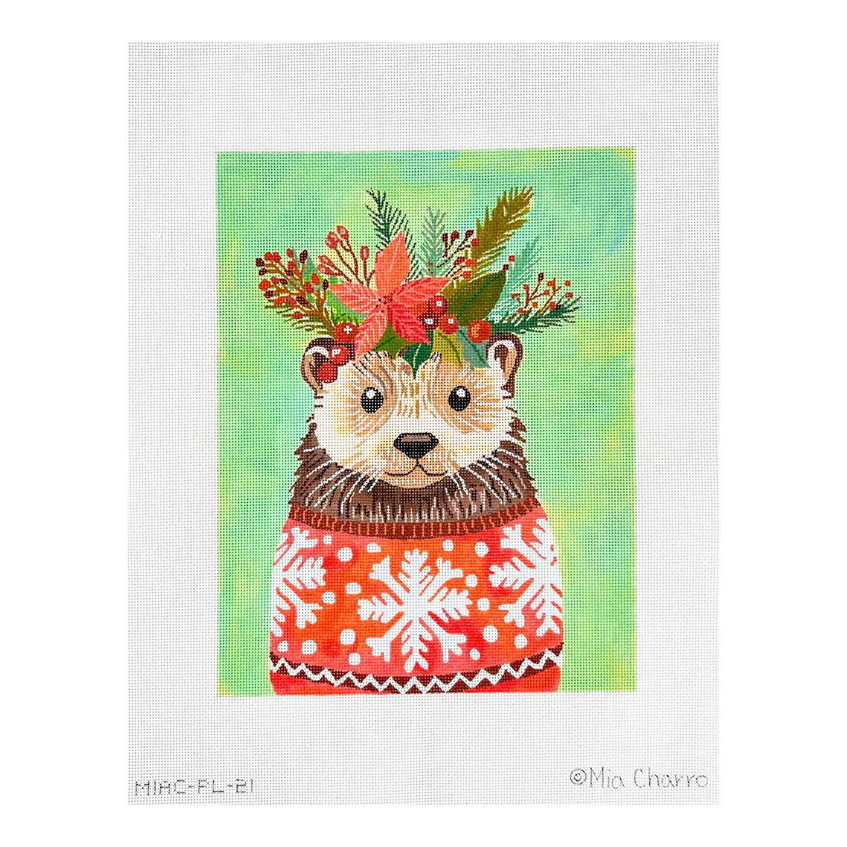 Kate Dickerson Needlepoint Collections Mia Charro Otter In A Christmas Sweater on Soft Sage Green Needlepoint Canvas