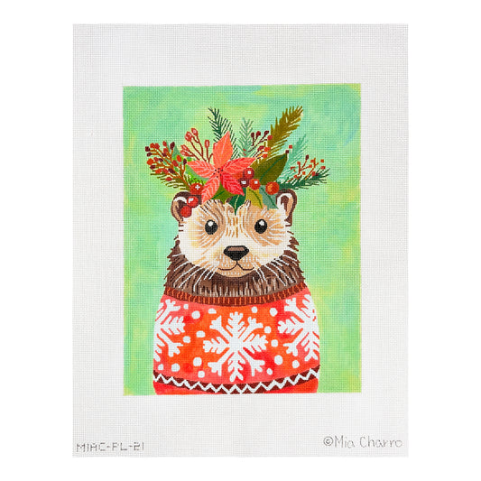 Kate Dickerson Needlepoint Collections Mia Charro Otter In A Christmas Sweater on Soft Sage Green Needlepoint Canvas