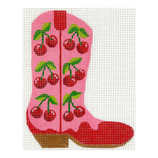 Kate Dickerson Needlepoint Collections Mini Cowgirl Boot Cherries on Bubblegum Pink Needlepoint Canvas