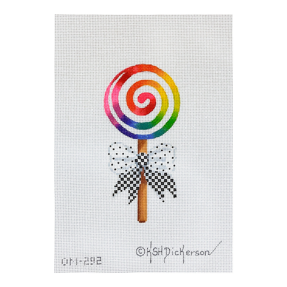 Kate Dickerson Needlepoint Collections Mini Sweet Treat Rainbow Swirl Lollipop with Black and White Bow Needlepoint Canvas