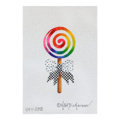 Kate Dickerson Needlepoint Collections Mini Sweet Treat Rainbow Swirl Lollipop with Black and White Bow Needlepoint Canvas