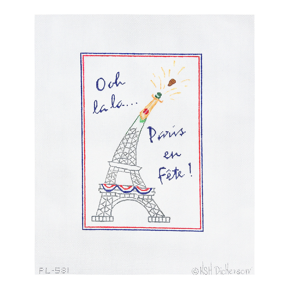 Kate Dickerson Needlepoint Collections Ooh La La Paris En Fete Eiffel Tower Champagne Bottle Needlepoint Canvas