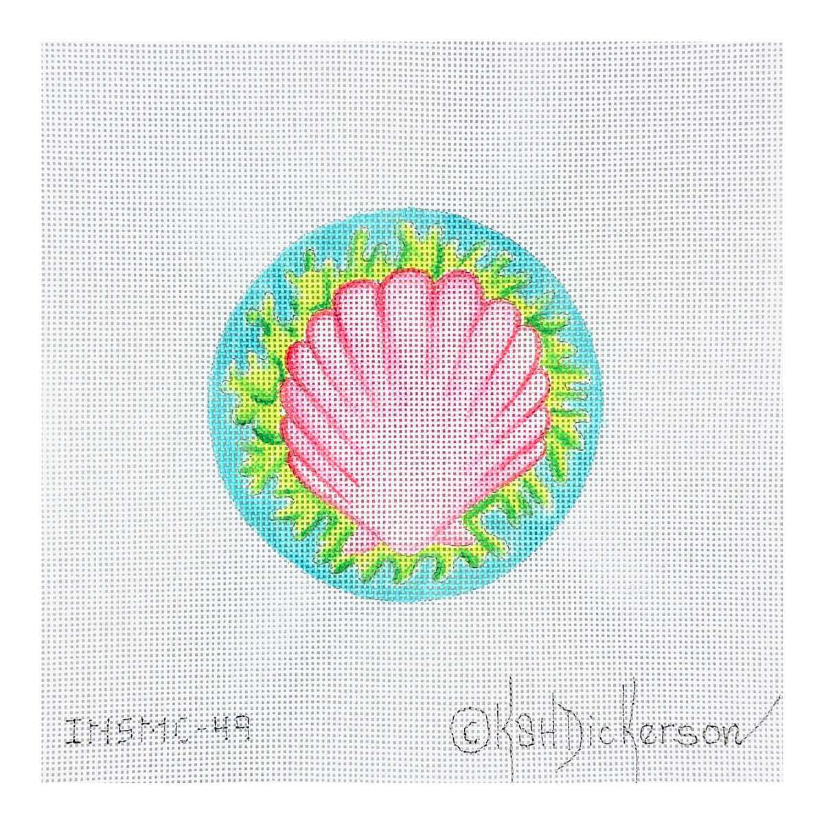 Kate Dickerson Needlepoint Collections Round Pink Scallop and Green Seaweed Needlepoint Canvas