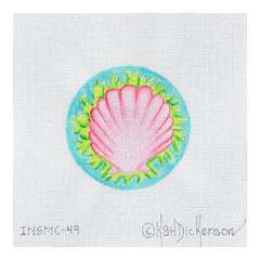 Kate Dickerson Needlepoint Collections Round Pink Scallop and Green Seaweed Needlepoint Canvas