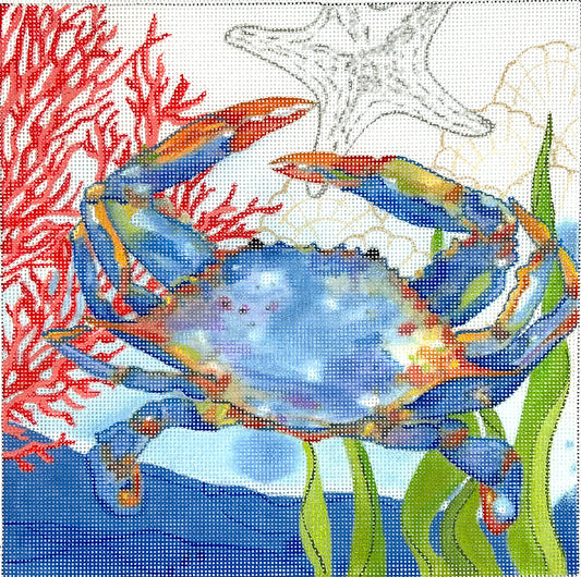 Kate Dickerson Needlepoint Collections Sally Eckman Roberts Oceana Crab with Coral Seaweed Shells and Starfish Needlepoint Canvas