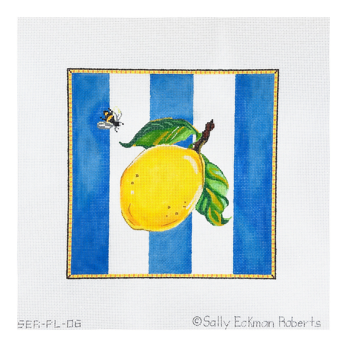 Kate Dickerson Needlepoint Collections Sally Eckman Roberts Lemon and Bee on Blue Stripes Needlepoint Canvas