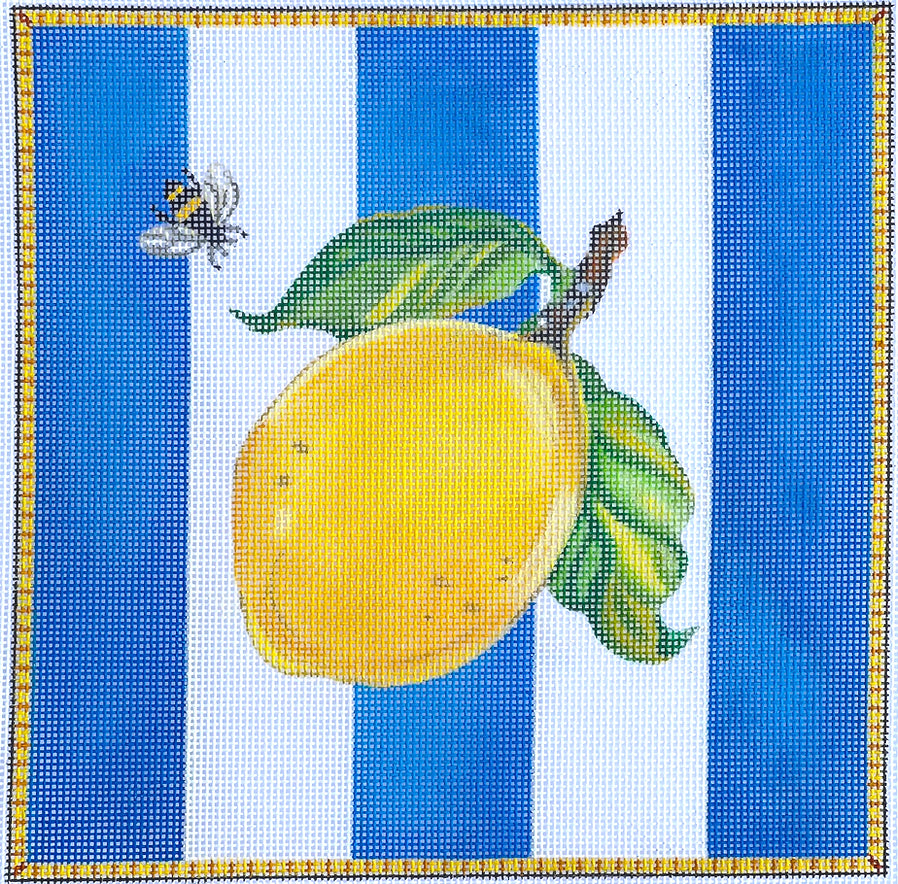Kate Dickerson Needlepoint Collections Sally Eckman Roberts Lemon and Bee on Blue Stripes Needlepoint Canvas