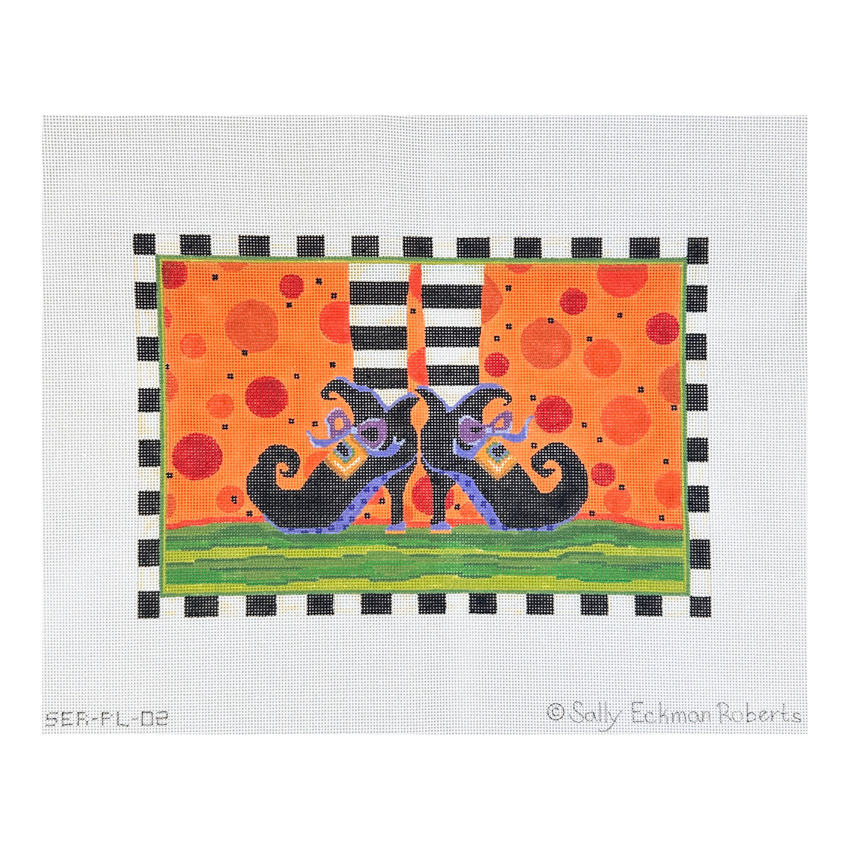 Kate Dickerson Needlepoint Collections Sally Eckman Roberts Witch's Feet with Black and White Striped Border on Orange Needlepoint Canvas