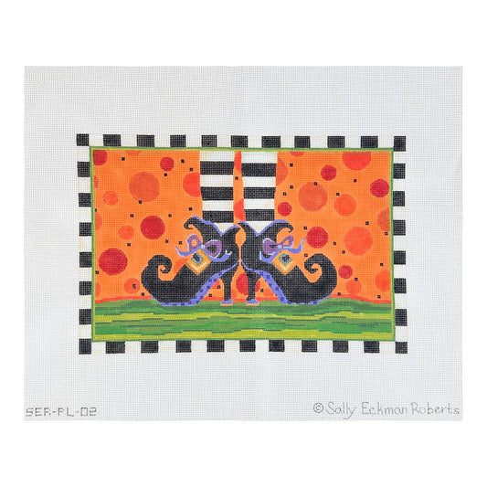 Kate Dickerson Needlepoint Collections Sally Eckman Roberts Witchs Feet with Black and White Striped Border on Orange Needlepoint Canvas