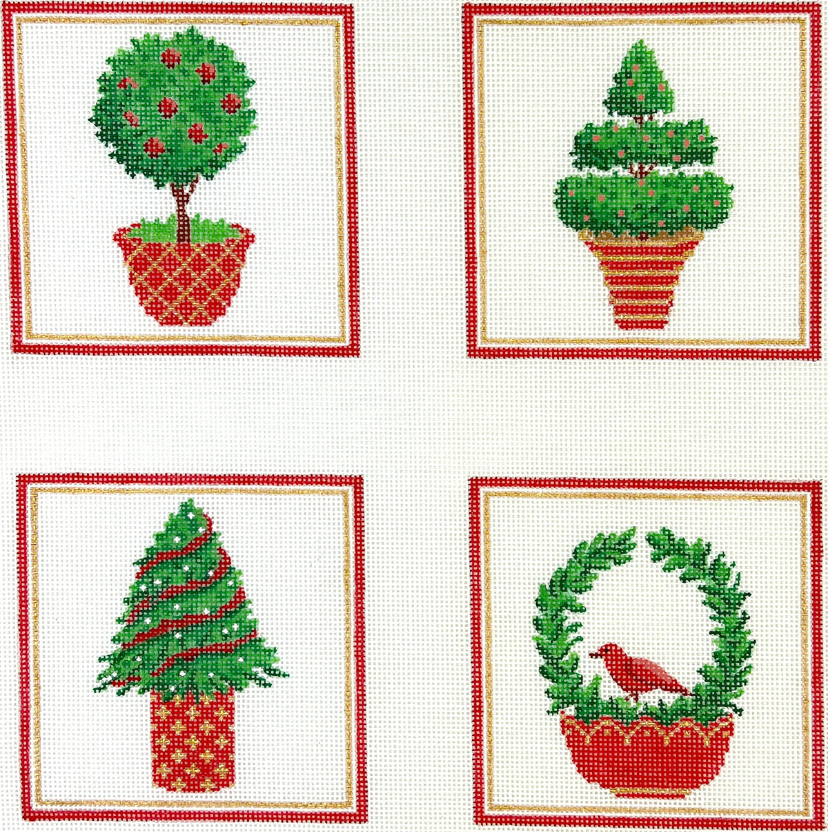 Kate Dickerson Needlepoint Collections Set Of Four Coasters Christmas Topiaries Needlepoint Canvas