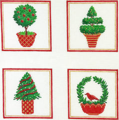Kate Dickerson Needlepoint Collections Set Of Four Coasters Christmas Topiaries Needlepoint Canvas