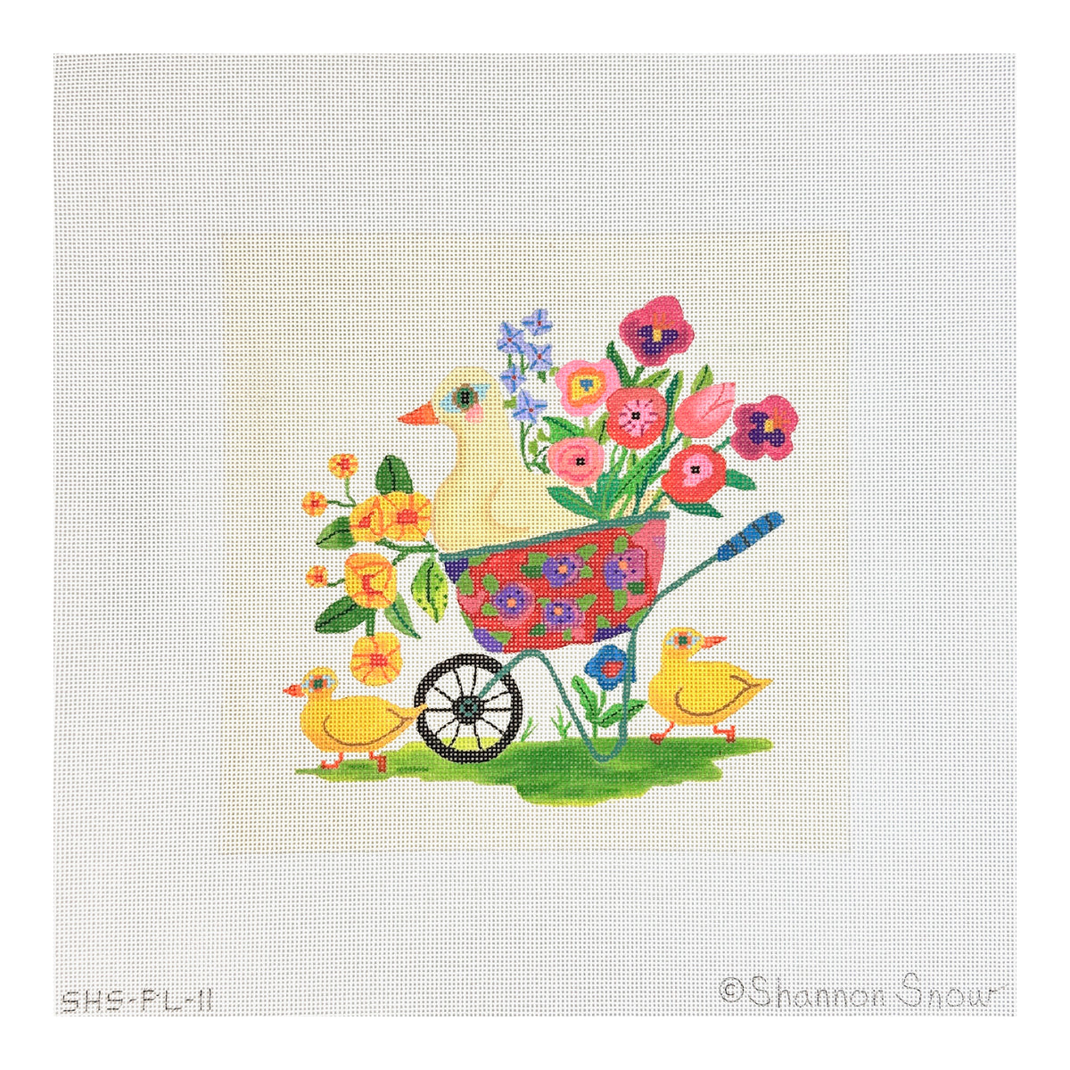 Kate Dickerson Needlepoint Collections Shannon Snow Spring Wheelbarrow with Ducks & Flowers on Cream Needlepoint Canvas