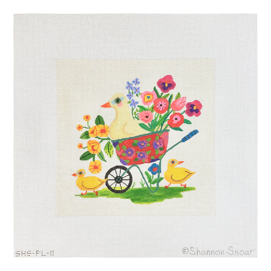 Kate Dickerson Needlepoint Collections Shannon Snow Spring Wheelbarrow with Ducks & Flowers on Cream Needlepoint Canvas