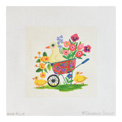 Kate Dickerson Needlepoint Collections Shannon Snow Spring Wheelbarrow with Ducks & Flowers on Cream Needlepoint Canvas