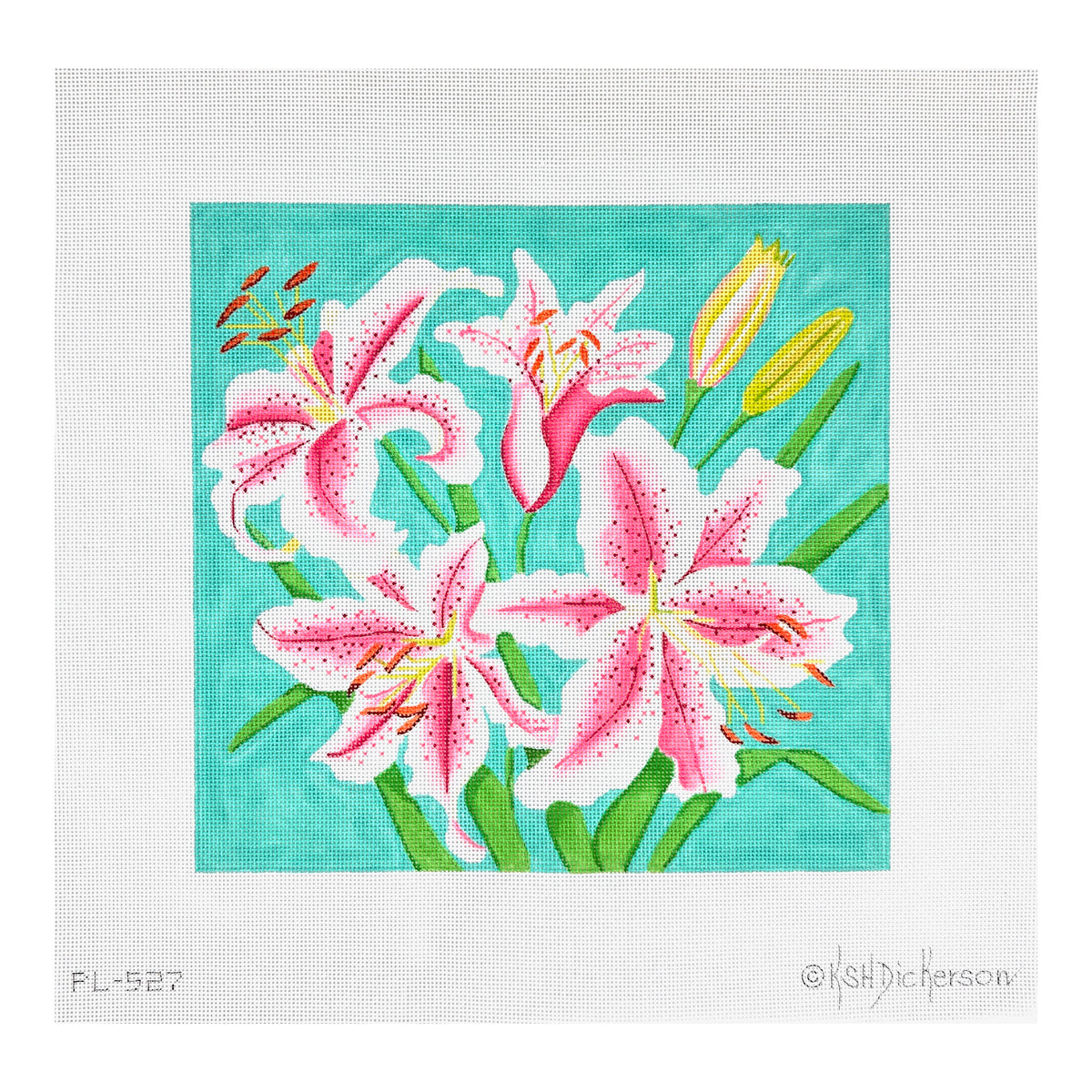 Kate Dickerson Needlepoint Collections Stargazer Lilies on Turquoise Needlepoint Canvas