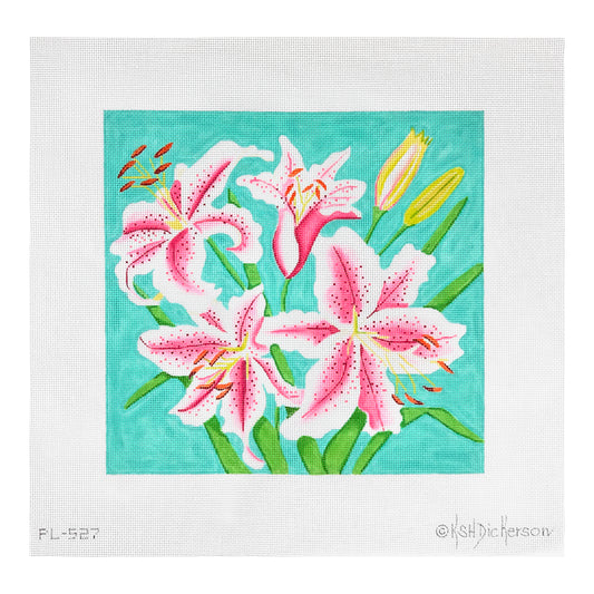 Kate Dickerson Needlepoint Collections Stargazer Lilies on Turquoise Needlepoint Canvas