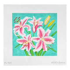 Kate Dickerson Needlepoint Collections Stargazer Lilies on Turquoise Needlepoint Canvas